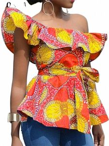 plus Size 5XL VONDA Bohemian Printed Tops Women Sexy Skew Collar Summer Ruffled Blouses Short Sleeve Belted Casual Loose Shirts c2dS#