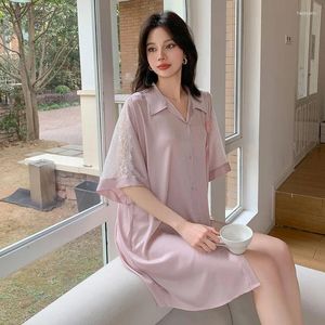 Women's Sleepwear V-Neck Lace Nightdress Women Satin Shirt Morning Gown Nightgown Loungewear Causal Home Dress Nightwear