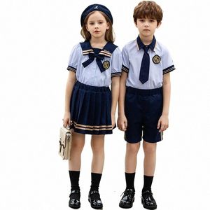 Korea japoński w stylu chłopców dziewczęta granatowa kolar koszulowa garnitur plisowane spódnice letnie dziecko mundur szkolny M1ix#