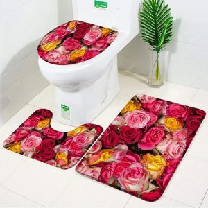 Badematten, frische Blumen, mit Tautropfen, rote Rose, Matten-Set, rutschfester Toilettendeckel, Fußteppich, Bodenteppich, rutschfestes Badezimmerzubehör