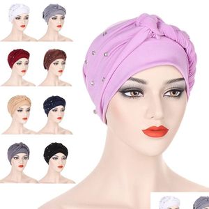 Beanie/Skull Caps Muslim Women Hijab Hat Cancer Chemo Cap Braid Rhinestone Turban Headscarf Islamic Head Wrap Lady Beanie Bo Dhgarden Dhys0