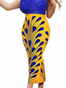 Ontinva Plus Size Skirts for Women Red High Waist Peacock Printed Package Hip Ankle Length Pencil Skirt 3XL 4XLカジュアルイブニングM7QO＃