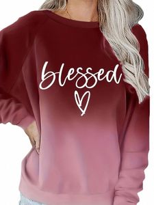 plus Size Spring Casual Sweatshirt, Women's Ombre & Letter & Heart Print Raglan Sleeve Round Neck Slight Stretch Pullover Top X53L#