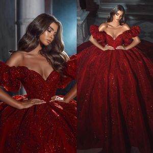 Crystal red ball gown Evening Dresses ruffle off shoulder beaded sequins Prom Dress backless sweep train arabic Qatar Formal dresses for special occasion