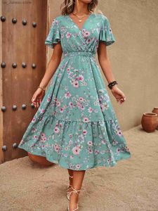 Basic Casual Dresses 2024 New Fashion Design Womens Dress Womens Beach Style Gentle and Elegant Slimming Dress Printed Dress Lotus Leaf Slve Dres T240330