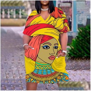 Grundläggande casual klänningar Summer Bohemian Midi Dress African Human Face 3D Print Vintage Women V-ringen Y Short-Sleeve Night Party Clothes Dr Dhhky