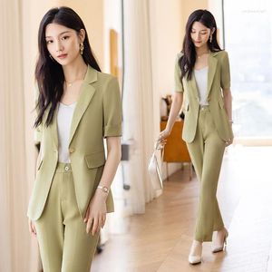 Women's Two Piece Pants Green Suit Jacket Small Spring And Summer 3/4 Sleeve 2024 Temperament Leisure Business Wear