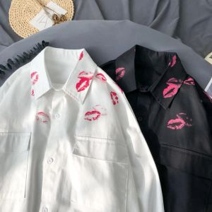 Kiss Print Mens Shirt With Print Vintage Lapel Long Sleeves White Shirt Coat Casual Men Shirts For Men Clothing Harajuku Blouse