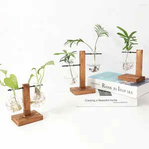 Vaser kreativ transparent glödlampa vasdekoration med trä stativ hydroponic växt container skrivbordsglasplanter