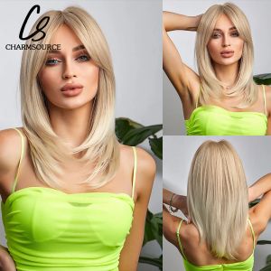 Parrucche Parrucche sintetiche bionde ondulate naturali Capelli a strati di media lunghezza con frangia laterale per le donne Festa quotidiana Cosplay Fibra resistente al calore