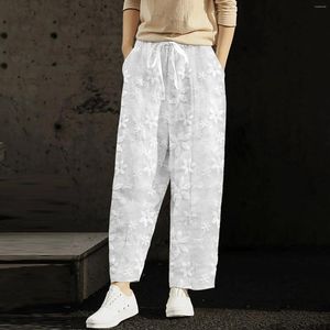 Women's Pants Cotton And Linen Women Casual Loose Embroidery Breathable Trousers Female Elastic Waist Lace Up Straight Leg