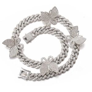 Hip hop Diamond Butterfly COLLANA A CATENA CUBANA Collana a farfalla Bracciale a catena con collo punk da strada BW5J