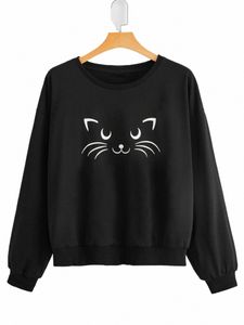 Finjani Plus Größe Frauen Hoodie Katze Drucken Thermo Gefüttert Oansatz Sweatshirt Casual Kleidung Für Herbst Neue K36x #