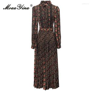 Vestidos casuais moaayina primavera designer de moda vintage floral impressão vestido feminino lapela botão faixas reunidas cintura magro plissado longo