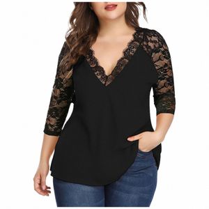 plus Size Lace Blouse Women Summer Autumn Casual Lg Sleeve V-Neck Lace Patchwork Shirt Ladies Tops Tunic Blouses Blusas 5XL K4vj#