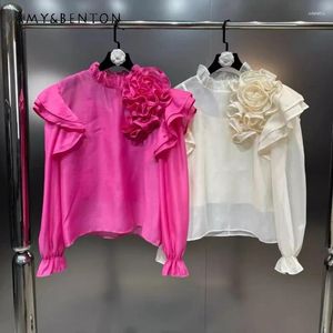 Blusas femininas 2024 primavera gola blusa de manga comprida babados tridimensional grande flor com estilingue temperamento duas peças conjuntos