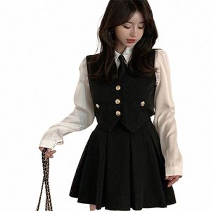 Primavera outono estilo preppy gravata colete preto terno feminino 4 peças conjunto coreano americano meninas quentes on-line celebridades jk uniforme conjunto p1cC #