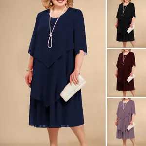 Casual Dresses Round Neck Mid-Sleeve Dress Elegant Layered Hem Flowy Midi For Women Party Wedding Guest O-Neck Half Sleeve Design