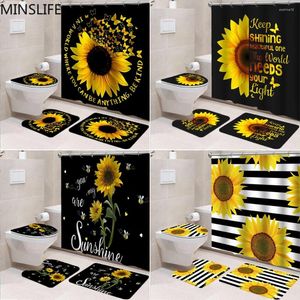 Shower Curtains Sunflower Butterfly Printed Pattern 180x180cm Pedestal Rug Lid Toilet Cover Mat Non-slip Bath Set Bathroom