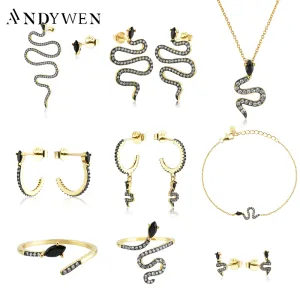 Necklaces ANDYWEN 925 Sterling Silver Split Plating Black Long Snake Gun Pendant Long Necklace Ring Earring Jewelry Set Rock Punk Party