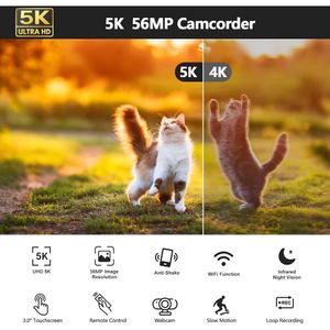 5K 56MP WiFi-Videokamera-Camcorder mit IR-Nachtsicht, um 32–70° drehbarem Touchscreen, Mikrofon, Handstabilisator, Haube, Fernbedienung und 2 Batterien