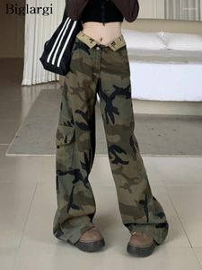 Calças de brim femininas primavera calça longa mulheres camuflagem impressão moda irregular cintura alta senhoras calças soltas plissadas mulher coreana