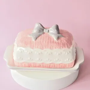 Plates Ceramic Butter Dish Pink Bow Container Kitchen Utensils Durable Dessert Plate Cheese Keeper For Freezer El