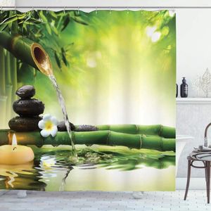 Tende da doccia Zen Garden Scenery Tenda Meditazione Verde steli di bambù Candela Pietre nere Panno Tessuto Arredamento bagno Set con ganci