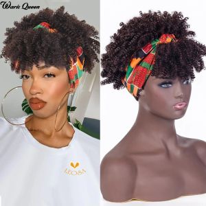 Perücken Synthetische Afro Kinky Curly Perücken Crimson Stirnband Hitzebeständig für schwarze Frauen Kurz Natürlich Kurz Mit Taschen Perücke