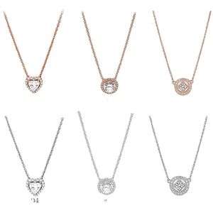 Genuine S Sterling Sier Fit Couple Rose Gold Classic Elegant Necklace Set DIY Love Heart Blue Crysta Charm for Beads Charms