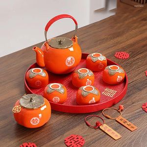 TEAWARE SET Hushållens keramik Röd bröllop Dubbel lycka Tea Pot Set Teacup Porslin Kettle Persimmon Canister Storage Container