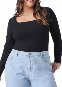 بالإضافة إلى الحجم الأنيق Fi Spring Autumn Lg Sleeve Blouse Women Black Square Neck T-Shirt قميصًا كبيرًا حجمًا كبيرًا 6xl 7xl 29n6#