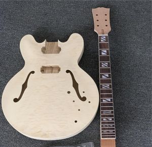 Auf Lager Unfertiger Jazz-E-Gitarren-Bausatz mit F-Löchern und gesteppter Ahorndecke, Halbhohlkörper-DIY-Gitarre ohne Gitarrenteile8178786