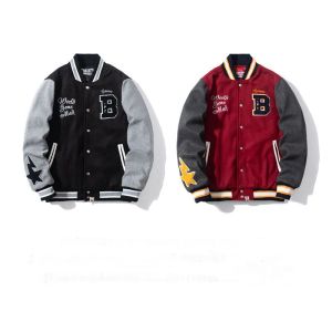 Designer baseball uniform Jackets Bapess embroidered star patchwork jacket woolen jacket for men's and women's stand up collar loose button jacket