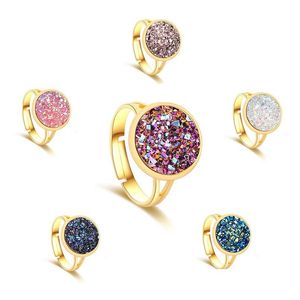 With Side Stones Fashion Jewelry Luxury Sier Gold Druzy Ring 12Mm Bling Round Resin Stone Adjustable Rings For Women Ladies Jewellry Dhldc