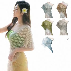 thai Traditial Costume Women Glitter Beads Lace Shawl Summer Sunscreen Wrap Scarf Southeast Ethnic Dance Tops Travel Dr T6ot#