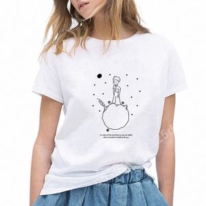 Pequeno Príncipe Impressão Branco Plus Size Camisetas de Manga Curta Mulheres Fi Tees Casual Carto Roupas Femininas Verão O-pescoço Tops 95St #