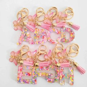 Keychains Lanyards A-Z Fantasy Sequin Letter Keychain Womens Tassel Butterfly Pendant Initial Keychain Wallet Hanging Bag Charm Car Keychain J240330