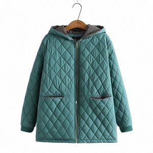 Plus Size Parka Abbigliamento donna Inverno Giacca imbottita di mezza età con cappuccio Argyle Fodera in pile spesso Cappotto imbottito caldo T75G #