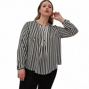 plus Size Half Placket Summer Spring Elegant Blouse Women Single Butt Black And White Striped Lg Sleeve Shirt Large Size 7XL H8kY#