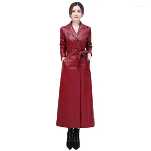 Kvinnorjackor Fashion Women Winter Leather Trench Elegant Slim Female Long Coat Autumn Lady Plus Size Casual Sheepskin Coats OK1012