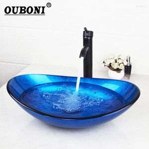 Badrumsvaskar kranar ouboni blå glas kran mixer rund kran baduppsättning konst bassäng hand-färg fåfänga orb