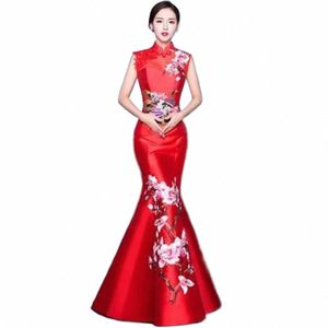 Traditial Chineing New Year women Chesoughlg Dr Hanfu Chegsams Qipao夕方の結婚式の花嫁レッドホルタードラッグフェニックスZ2ru＃