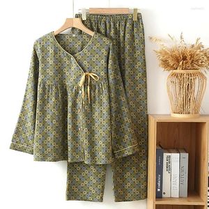 Hemkläder Spring Autumn Clothes Women's Cotton Pyjamas Vintage Tryckt långärmad Set Female Sleepwear Night Suit