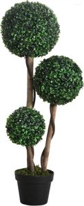 Decorative Flowers Artificial Plant For Home Decor Indoor & Outdoor Fake Plants Tree In Pot 3 Ball Boxwood Topiary Dark Green