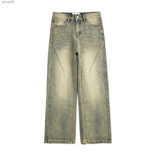 Men's Jeans Retro ultra segmented deconstructed mens wide denim jeans yellow mud dyed washed stimulating wide leg jeans cat whisker denim pantsL2403