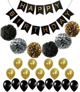 Decorazione per feste Nero Oro Grigio Buon compleanno Banner Pom Flower Ballons Decor