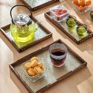 Tacki herbaty 1PC Vintage Taca Dekoracyjne talerze do przechowywania dekoracje domu drewniane wytłoczone szklane prostokąt
