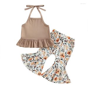 Conjuntos de roupas da criança menina 2pc roupas de verão bebê sino bottom outfit sem mangas halter pescoço colheita topo floral impressão flare calças