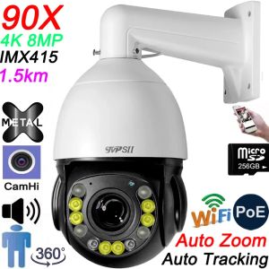 Fullfärgad infraröd Autospårning Camhi H.265+ 8MP 4K IMX415 256G 90x Optical Zoom Audio 360 ° Rotera WiFi Poe PTZ IP -kamera